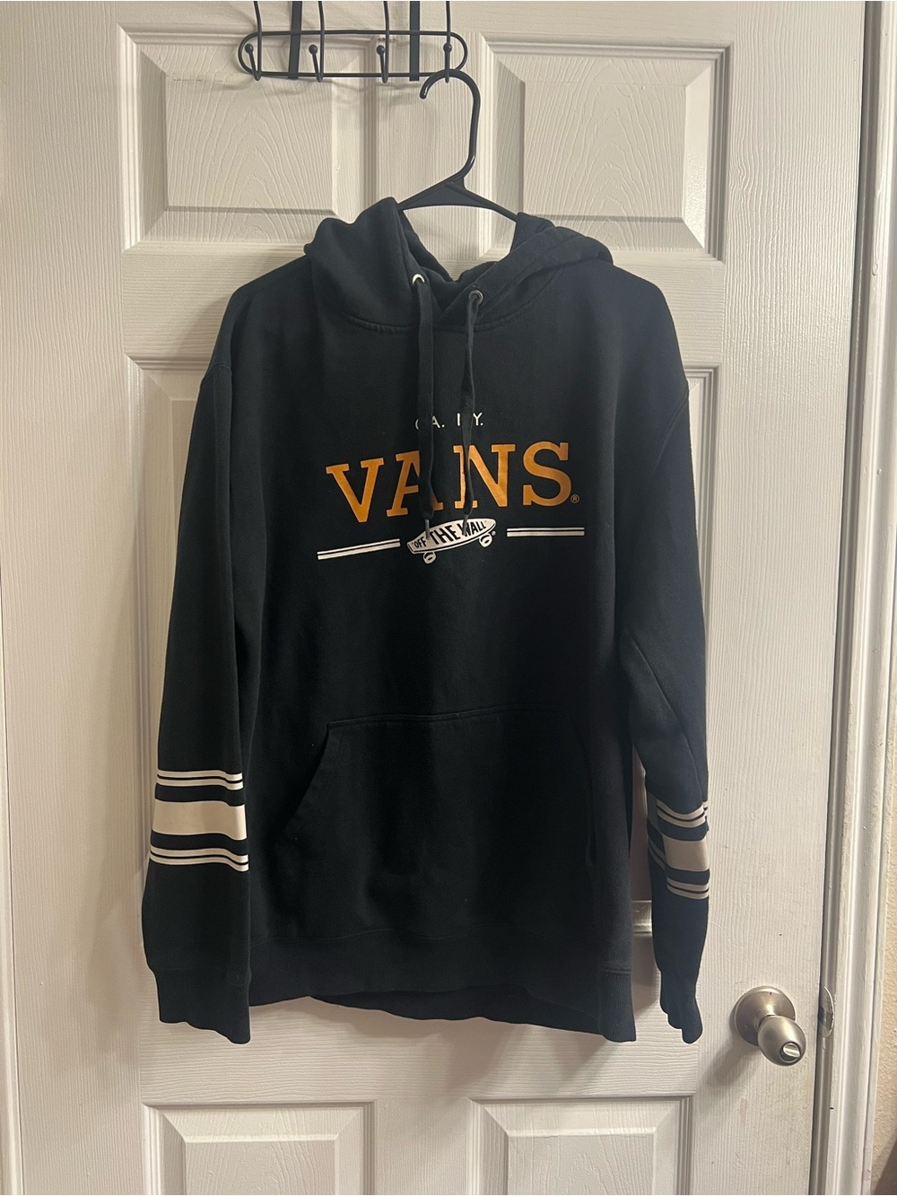 Vans Black Hoodie with Gold Logo and White Sleeve Stripes